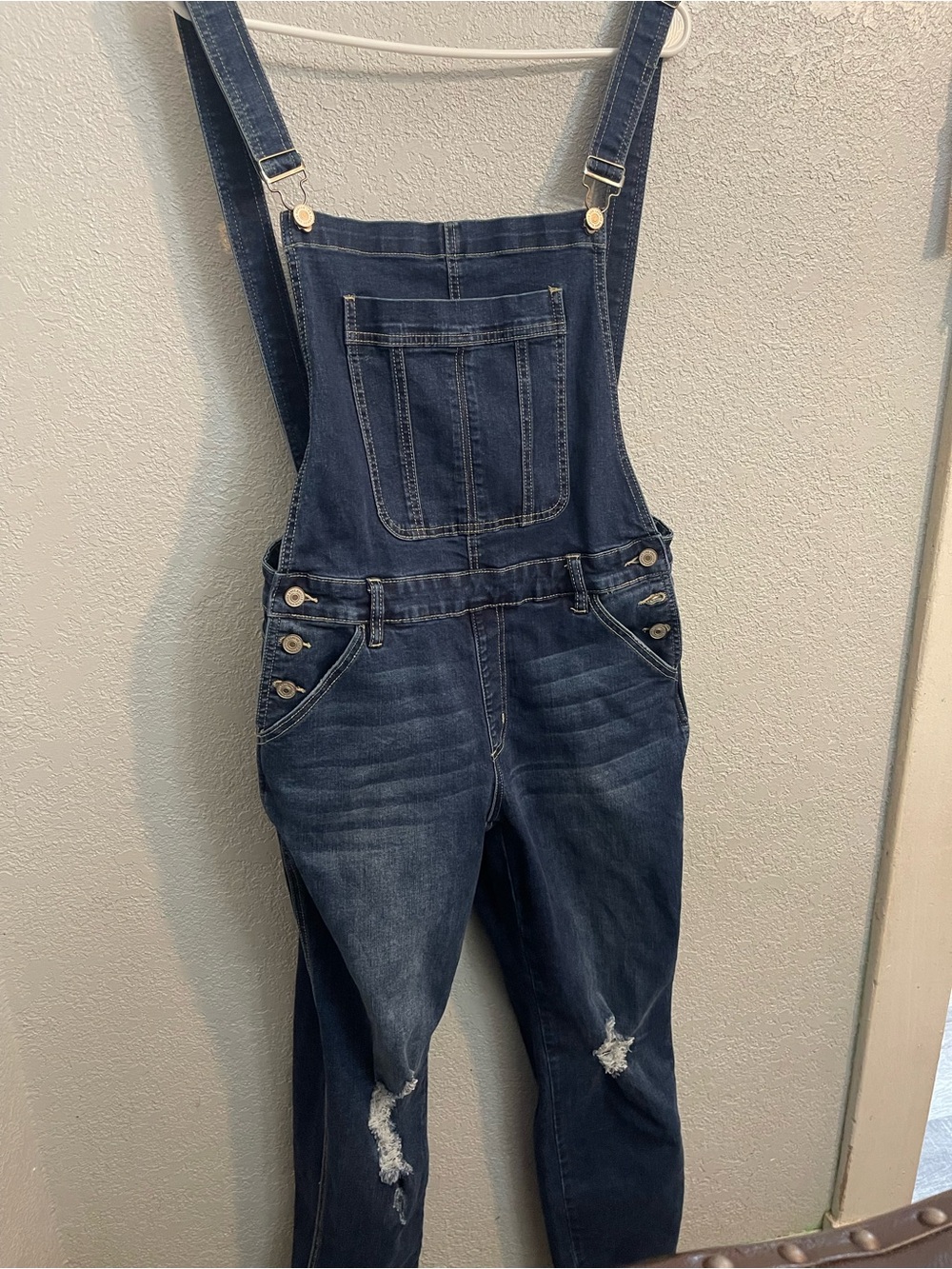 KanCan Dark Blue Distressed Denim Overalls Jumpsuit